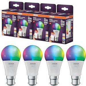 OSRAM SMART LED-lamp A60, lampvorm B22D, 9W ZigBee 3.0, RGBW 16 miljoen kleuren, dimbaar, app-bediening, Alexa,4-Pack