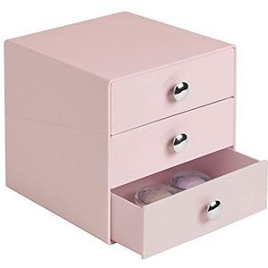 iDesign Make-Up Organizer met 3 lades, vierkante ladekast van kunststof, compacte ladetoren voor make-up en cosmetica, roze