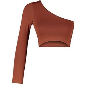 Trendyol Dames Slim fit Basic asymmetrische kraag gebreide blouse, bruin, S, Bruin, S