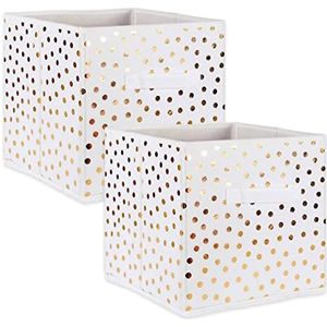 DII Niet-geweven opvouwbare opbergbak met stippels, kleine set, 28 x 28 x 28 cm kubus, wit en goud, 2 stuks