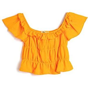 Koton Meisjesblouse met korte mouwen, ronde hals, schoudervrij, off-ruffle, oranje (221), 6-7 Jaar