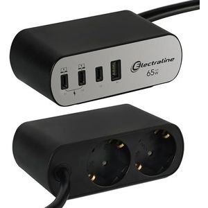Electraline - 62584 - Bureaustekkerdoos - Aluminium/Zwart - 2 Schuko-stopcontacten + 1 USB-A + 3 USB C 65W