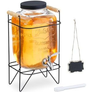 Relaxdays drankdispenser met standaard - 5 liter - glas - rvs kraantje - reliëf