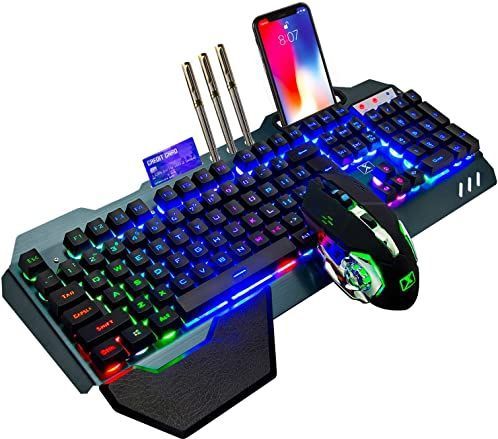 LexonTech Draadloos gamingtoetsenbord met mechanisch gevoel, regenboog-achtergrondverlichting, oplaadbare 3800 mAh-batterij met afneembare handpalm + 7-kleurige led-gaming-muis voor pc-schrijvers/spelers