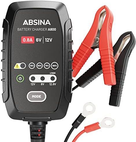ABSINA Volautomatische motorlader, AGM-oplader, 6 V & 12 V, voor loodaccu's tot 26 Ah / 12,8 V lithium tot 15 Ah, oplader voor motoraccu's met 800 mA