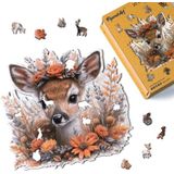 Figured'Art Houten puzzel voor volwassenen en kinderen, 200 stukjes, dieren, reekalf en bloemen, origineel design, 28,2 x 28,5 cm, unieke vorm met premium houten doos, perfect om cadeau te geven