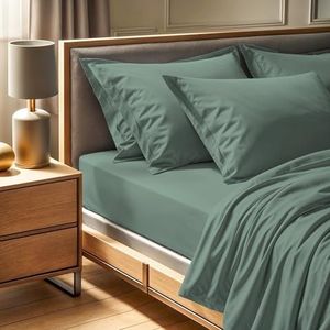 Premium Ranforce King Hoeslaken (160 x 200 + 30 cm), 100% katoen, 145 draadtelling, groen, machinewasbaar op 30 °C, zacht en duurzaam voor ultiem comfort