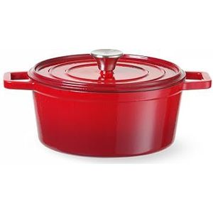 HENDI Braadpan, met deksel, voor alle warmtebronnen (incl. inductie), stoven-bakken-koken, ovenbestendig, 3,7L, 317x240x(H)105mm, geëmailleerd gietijzer, rood
