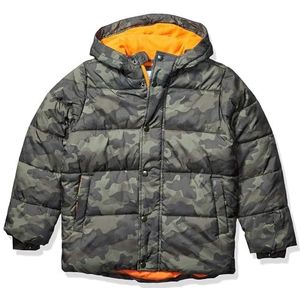 Amazon Essentials Zwaargewicht Pufferjack met capuchon voor peuters jongens, Donkere Militaire Groene Camouflage, 4 jaar