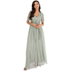 Maya Deluxe Maxi-jurk voor dames, baljurk voor bruiloft, gast, versierd met strikband, V-hals, bruidsmeisje, gala, avondgelegenheid, Groene Lelie, 34