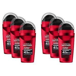 L'Oréal Men Expert 48H Deoroller voor mannen, deodorant roll-on tegen zweetgeur, zweten en okselzweet, met houtachtige frisse geur zonder alcohol, Ultimate Control, 6 x 50 ml