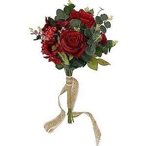 DRW Rood bruidsboeket met rozen en wilde bloemen kunstbruidsboeket rood 56x32Ø cm