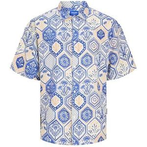 JACK & JONES Jornoto Linen AOP Shirt Ss Ln met korte mouwen voor heren, blauw, L