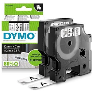 DYMO originele D1 labels | Zwarte opdruk op witte tape | Rol van 12 mm x 7 m | Zelfklevende labels voor LabelManager-labelmakers | 2 stuks