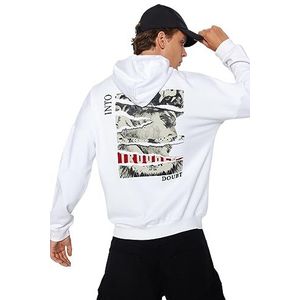 Trendyol Heren White Male Long Sleeve Bedrukt New Hooded Sweatshirt, M