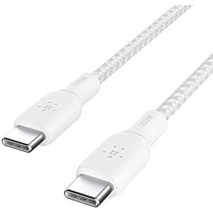 Belkin CAB014bt2MWH USB-C/USB-C-kabel, 100 W Power Delivery USB-IF-gecertificeerde 2.0-kabel met dubbel gevlochten nylon buitenkant voor iPad Pro, MacBook, Galaxy en meer (2 m), wit