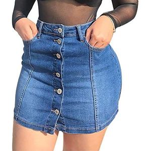Tulucky Dames Button Down Front Denim Korte Rok met Zijzak, Blauw, S