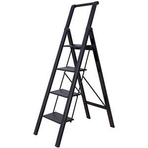 BAOYOUNI Trapladder 4 Treden Ladder Aluminium Vouwladder Antislip Lichtgewicht Draagbare Huishoudladder met Handvat, 17,5 cm Brede Sporten, Draagvermogen 135 KG, voor Huishoudelijke Kantoor, Zwart