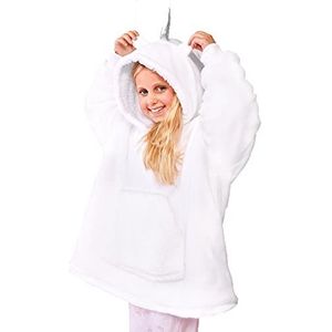 Dreamscene Unicorn Sherpa Fleece Hoodie Deken Draagbaar Zacht Warm Gezellig Oversized Thermische Dierenkap Gooi Deken voor Kinderen Meisjes Jongens, One Size - Wit