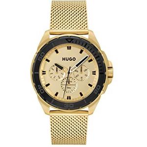 HUGO Analoge Multifunctionele Quartz Horloge voor Mannen Met Goud Gekleurde Roestvrij Staal Mesh Armband - 1530288, Goud, armband