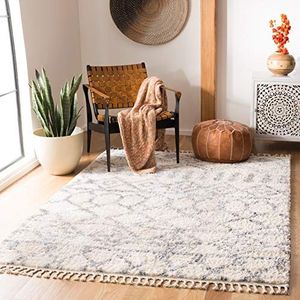 SAFAVIEH Marokkaans hoogpolig tapijt voor woonkamer, eetkamer, slaapkamer, Berber Fringe Shag Collection, laagpolig, crème en grijs, 160 x 229 cm
