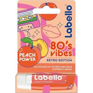 Labello Peach Power 80's Vibes Retro Edition Geurende lippenbalsem met natuurlijke oliën en perzikcharoma, verzorgende lippenbalsem met zachte glans (4,8 g)