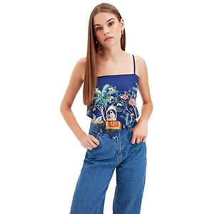 TRENDYOL Damesblouse met patroonhanger, plantenblouse, blouse, blauw, 34