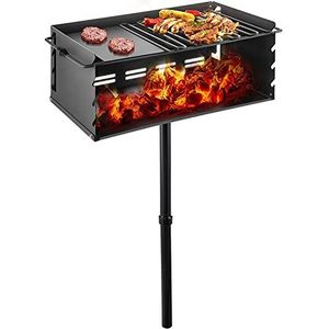 VEVOR Outdoor Park Style Grill 24 x 16 Inch Park Style Houtskool Grill Carbon Staal Park Style BBQ Grill Verstelbaar Park Houtskool Grill met RVS Rooster Outdoor Park Grill, Inground Pillar