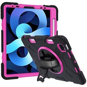 Beschermhoes voor iPad Air 4/5 10,9 inch (25,6 cm), robuuste beschermhoes met 360 graden draaibare standaard, verstelbare polsband & penhouder – roze rood + zwart
