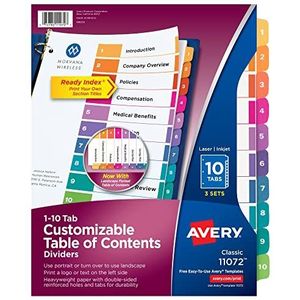 Avery 10 tabbladen voor 3-ringmappen, personaliseerbare inhoudsopgave, kleurrijke registers, 3 sets (11072)