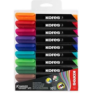 Kores - K-Marker XP1: Gekleurde permanente marker, 3 mm ronde punt met watervaste en geurarme inkt, voor alle oppervlakken, verpakking van 10 stuks, gesorteerde krachtige kleuren