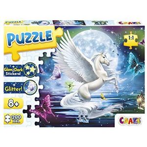 CRAZE Puzzel Moonlight Pegasus, 200+ stukjes met glitterprint en lichtgevende sterren, Pegasus-puzzel voor kinderen vanaf 8 jaar