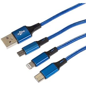 Maplin 3-in-1 Lightning & Micro USB & USB-C naar USB-A gevlochten kabel blauw, voor iPhones 15,14,13,12,11, iPad Air/Mini, iPad, Android-telefoons incl. Samsung S7/S6/S5, Sony, Huawei, PS4, HTC,