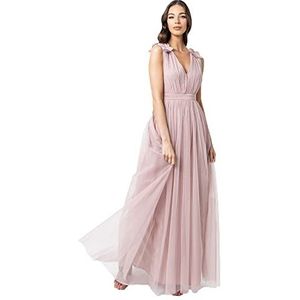 Maya Deluxe Maxi-jurk voor dames, met ruches, schouderdetail, bruidsmeisje, mat roze, 22