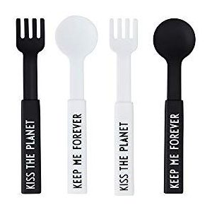 Design Letters To Go Bestek in Tritan, 2 sets (zwart en wit) - herbruikbaar bestek voor je lunch onderweg, een set in wit en een set in zwart, verstelbare vork en lepel