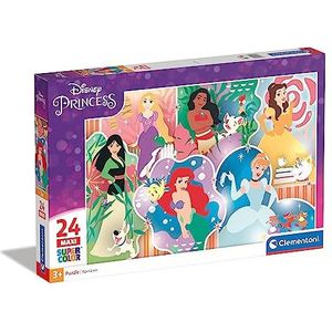 Clementoni - Puzzel Maxi Princesas Disney 24 stuks Prinses Supercolor Princess-24 stukjes Made in Italy, kinderen 3 jaar, prinsessen, cartoons, meerkleurig, medium, 24232