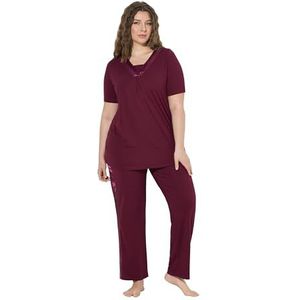 Ulla Popken Dames grote maten plus size pyjama, satijnen details, V-hals, halve mouwen, wijnrood, 42-44