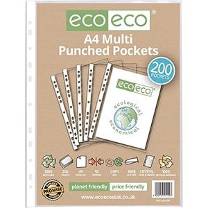eco-eco A4 100% gerecycleerde multi geperforeerde zakken glas helder, transparant poly portemonnee blad beschermer, 45 Microns, 200 portefeuilles, eco129