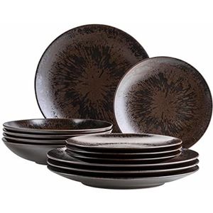 MÄSER Metallic Brons, 12-delig tafelservies voor 4 personen met elegant glanzend glazuur, bordenset met platte borden, soepborden en dessertborden van hoogwaardig keramiek, steengoed, bruin