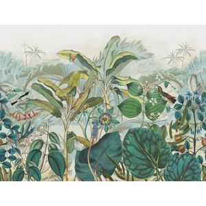 Rasch Behang 543650 - Fotobehang op vlies met bladeren, bloemen en vogels in groene en blauwe tinten uit de collectie Curiosity - 2,65 m x 2,65 m (l x b)