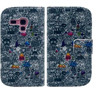 Samsung Galaxy S3 mini i8190 / i8200 kunstleer grijs COMIC design klap Stand Etui Beschermhoes Case Flip Tas Cover thematys®