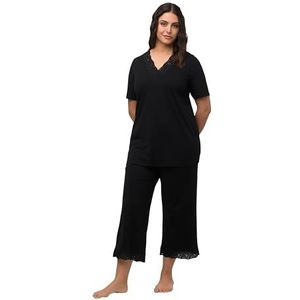 Ulla Popken Dames grote maten plus size pyjama, borduurwerk, V-hals, halve mouwen, modalmix 806944, zwart, 46-48