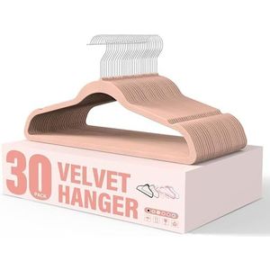 YSSOA Fluwelen hangers, 30 stuks, antislip kleerhangers met inkepingen op de schouder, 360° draaibare haken, robuuste standaardhangers voor ruimtebesparing in de kast, roze