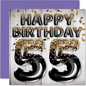 55e verjaardagskaart voor mannen - zwarte en gouden glitterballonnen - gelukkige verjaardagskaarten voor 55-jarige man vader opa opa oma oom, 145 mm x 145 mm vijfenvijftig vijfenvijftigste verjaardag
