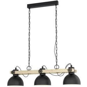 EGLO Lubenham hanglamp, 3-lichts vintage pendellamp in industrieel ontwerp, retro plafondlamp hangend van staal en hout, kleur zwart, bruin, E27 fitting, FSC-gecertificeerd