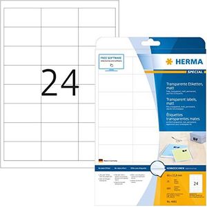 HERMA 4681 weerbest folielabels A4 transparant (66 x 33,8 mm, 25 velles, polyesterfolie, mat) zelfklevend, bedrukbaar, permanente zelfklevende etiketten, 600 etiketten voor printer