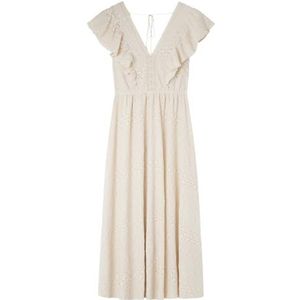 Zwitserse midi-jurk met korte mouwen en V-hals, corduroy met oude gouden kralen., Beige, XS