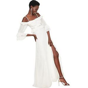 TRENDYOL Avondjurk voor dames, Ecu-mouwen, gedetailleerde band, chiffon, formele jurk, ecru, 36