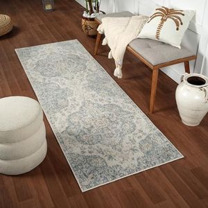 Surya Rabat Vintage vloerkleed, vloerkleden voor woonkamer, hal, keuken, traditioneel veelkleurig boho-tapijt, gemakkelijk te onderhouden - grote tapijtlopers, 80 x 230 cm, beige, blauw, crème, grijs