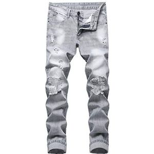 LZLER Geripte spijkerbroek voor heren, versleten vernietigde slim fit denim broek met rechte pijpen en gaten.., Licht Grijs 870, 50